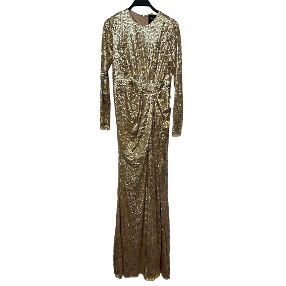 Mac Duggal Gold Sequin High Neck Long Sleeve Draped Gown Size 6 - Picture 1 of 8